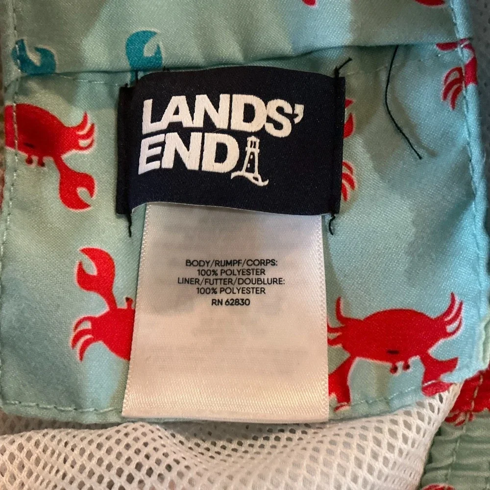 Lands' End‎ Swim Trunks Men Crab Print Aqua Blue Red Lined Drawstring 7.5